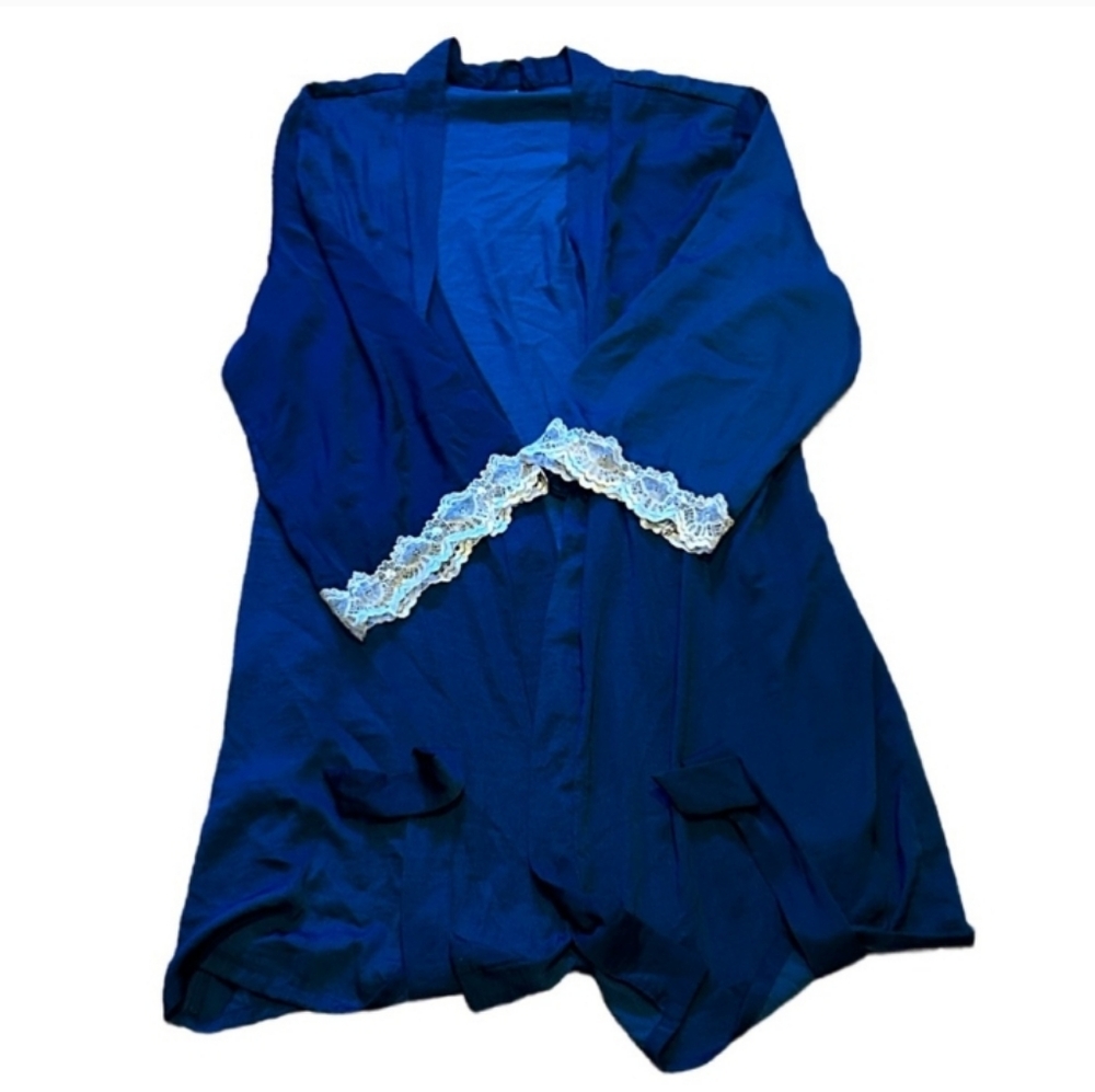 Boho Blue Robe Open Front Embroidered Lace Sleeve Accents Kimono Like New EUC